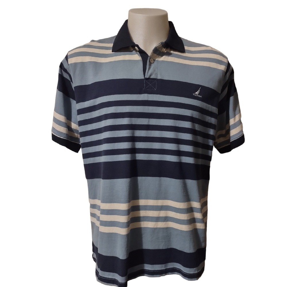 Nautica Polo Shirt Large Mens Retro Norm Core Blue Striped Logo Short Sleeve Top
